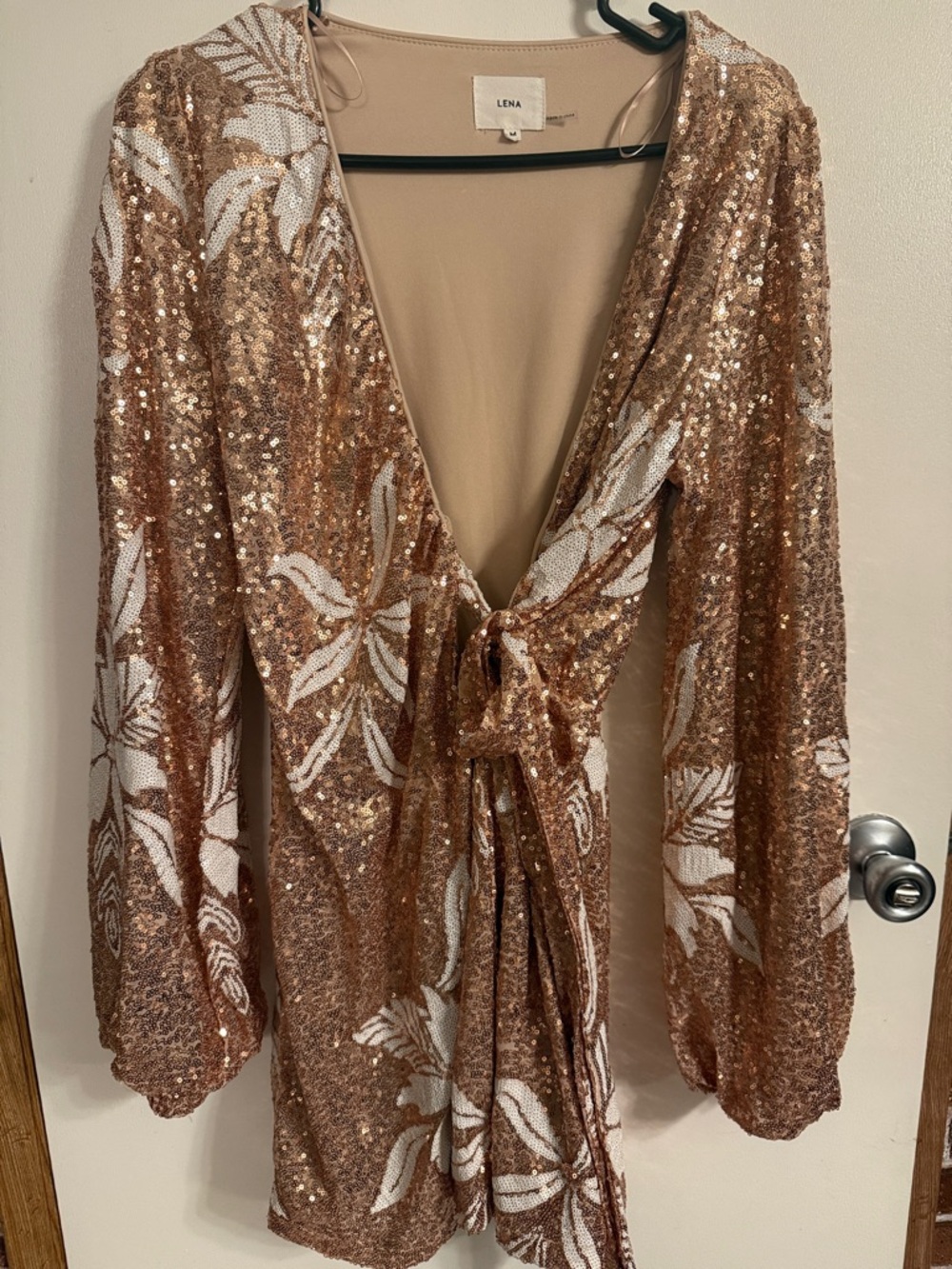 Lena Sequin Floral Tie-Front Romper in Rose Gold & White